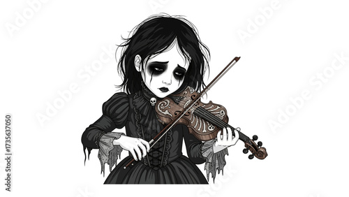 Melancholy Ballad: A gothic girl with haunting visage plays a violin, expressing raw emotion through the instrument. A captivating dark illustration.