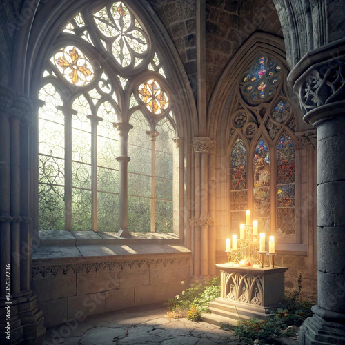 Experience the serene ambiance of an old cathedral with stunning stained glass windows and softly glowing candles, perfect for adding timeless elegance to any project
