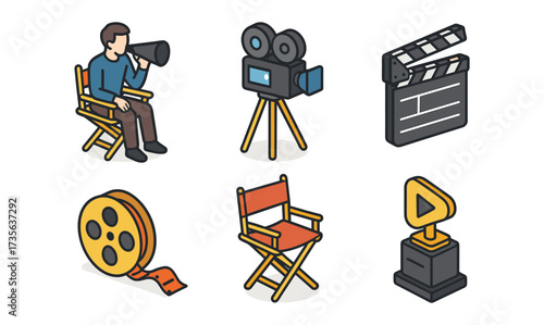 Film industry icons set featuring director chair, camera, and clapperboard in isometric style