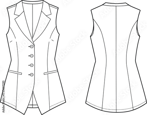Sleeveless blazer sketch, fashion illustration, technical drawing, front back view, garment template, vector design, apparel concept