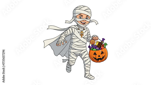 A Mummy's Spooktacular Treat: A smiling child, transformed into a mummy, embarks on a delightful Halloween adventure, carrying a pumpkin treat bag brimming with sugary delights.