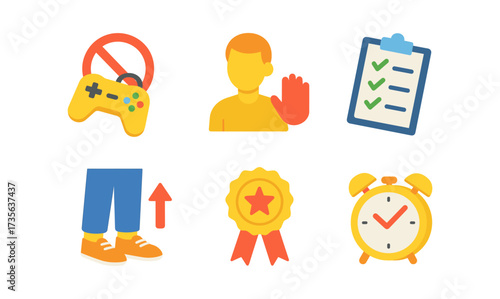 Colorful symbols for gaming limits, tasks, rewards, and time management