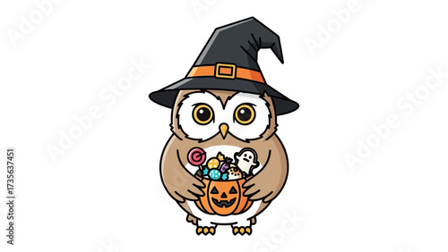 Spooky Halloween Owl with Candy: A cute owl dressed in a witch hat, holding a pumpkin bucket filled with Halloween candy, radiating charm and seasonal spirit.