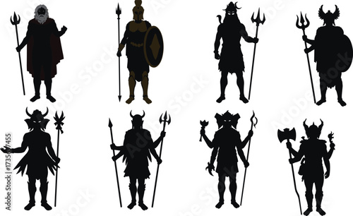 Mythological warrior silhouettes, fantasy trident fighters, ancient gods, heroic battle poses, horned helmets, weapon collection, game character design, epic combat icons