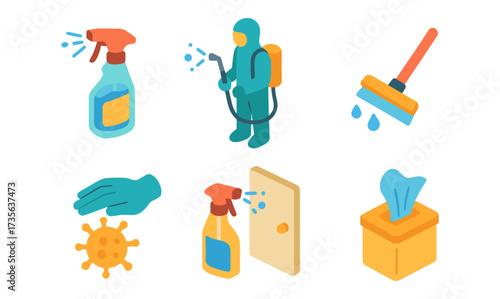 Isometric cleaning icons: sprays, disinfection, masks, and sanitization tools