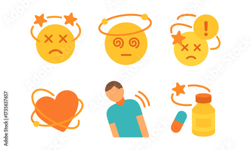 Dizziness and motion sickness symptoms with medicine and health icons