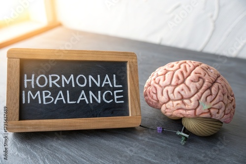Brain model beside a chalkboard displaying 'Hormonal Imbalance' in a well-lit indoor setting
