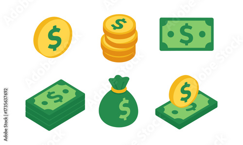 Isometric money icons: coins, cash, and currency symbols for financial design