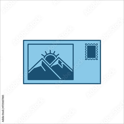 Postcard displays scenic mountain range with rising sun, symbolizing travel and adventure in a minimalist style, evoking feelings of wanderlust.