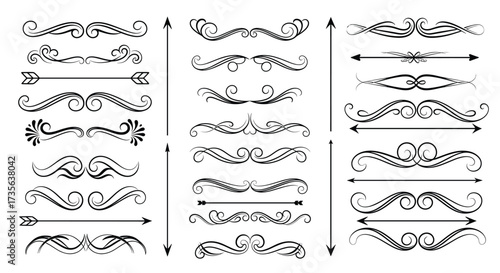 Collection of Elegant Black Decorative Flourishes and Arrows on White Background Keywords: decorative elements, flourish, ornate, swirl, scroll, vintage, elegant, design, border, divider, arrow