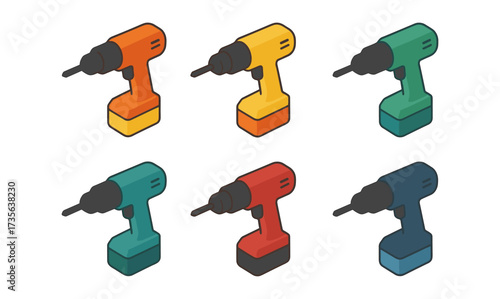 Colorful collection of isometric cordless drills in various shades and angles