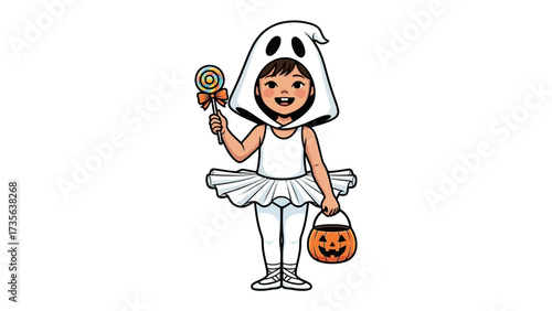 Spooky Spectacle: A young child, dressed in a ghost costume with a pumpkin bucket, holds a swirly lollipop. Capturing the whimsy and joy of Halloween.