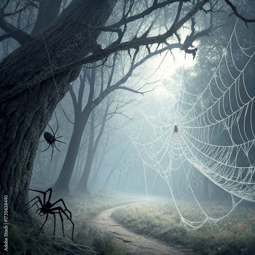 Eerie spider web in a foggy forest path, perfect for Halloween designs, spooky backgrounds, and thrilling mystery novels, guaranteed to send chills