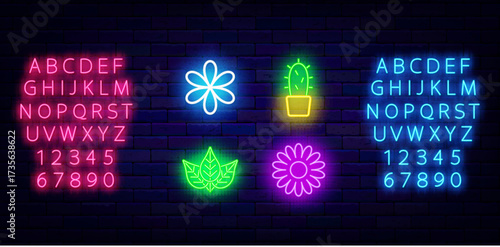 Flower shop neon icons collection. Succulent cactus. Green leaf, blossom. Eco friendly. Vector stock illustration