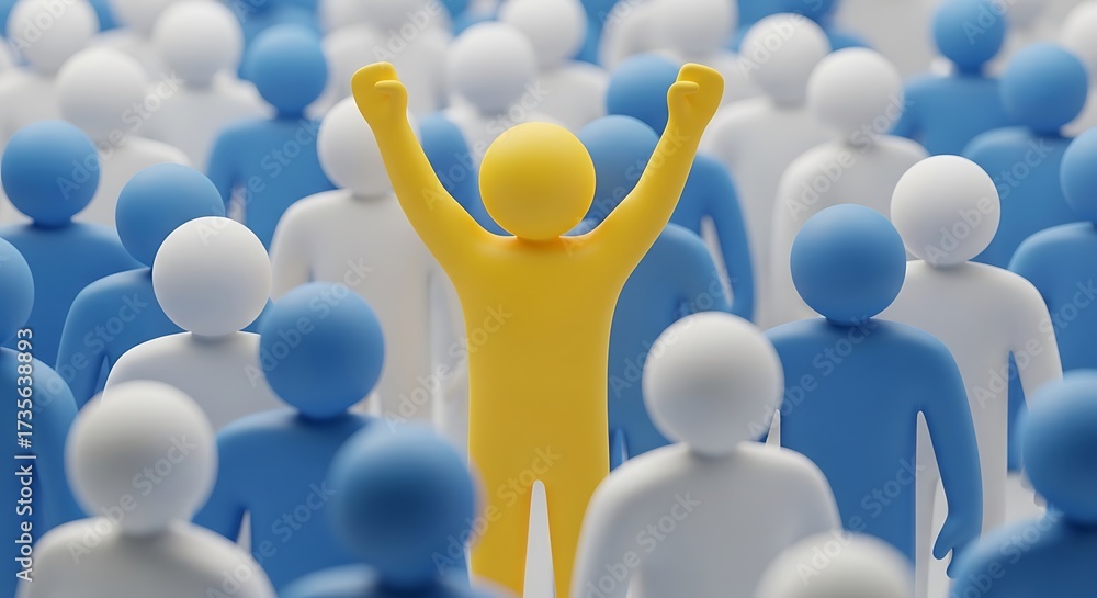 Fototapeta premium A single yellow figure stands out with arms raised in victory amidst a crowd of blue and white figures
