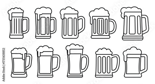 Collection of ten outline beer mugs with frothy heads and handles Keywords: beer, mug, glass, ale, lager, stout, porter, IPA, craft beer, beverage, drink, alcohol, pub, bar, brewery, Oktoberfest