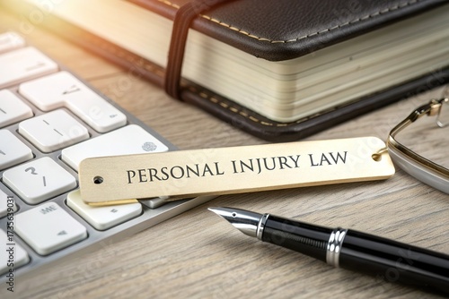 Close-up of a legal desk featuring a personal injury law sign, keyboard, pen, and notebook in soft light