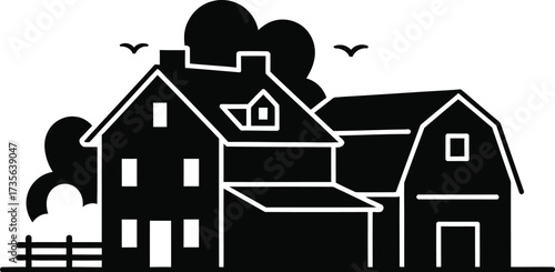 Silhouette of a farmhouse and barn with trees and birds