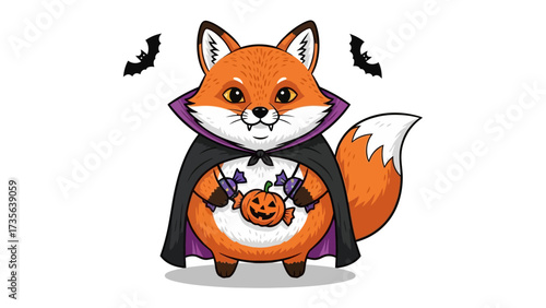 Halloween Fox Illustration: A whimsical illustration of an adorable fox dressed in a vampire cloak, clutching a pumpkin, set against a backdrop of bats.
