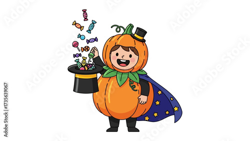 Trick-or-Treat Magician: A cheerful individual dressed as a pumpkin magician conjures a delightful shower of colorful candies from their magic top hat, celebrating the essence of Halloween. 