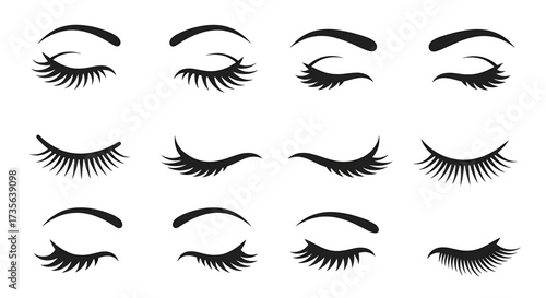 Collection of twelve black and white illustrations of closed eyes with long eyelashes Keywords: eyes, eyelashes, closed eyes, beauty, makeup, cosmetic, fashion, glamour, elegant, feminine, female
