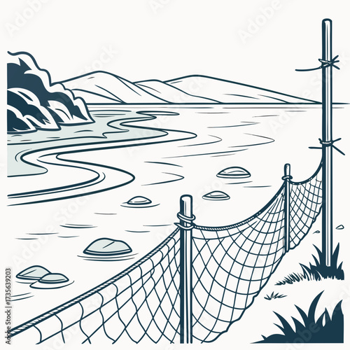 A scenic landscape illustration of a winding river or coastline with a protective fence in the foreground
