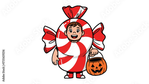 Sweet Treat's Halloween Delight: A charming child in a candy costume cheerfully trick-or-treating, capturing the whimsical spirit of the season