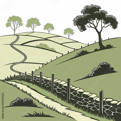 A winding stone wall lined path leads through rolling green hills with scattered trees