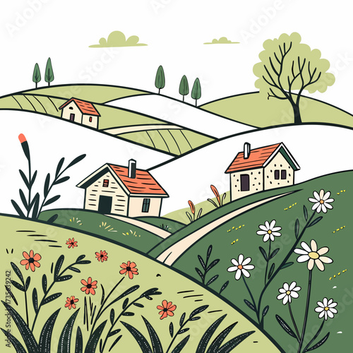 Charming hand drawn illustration of a peaceful countryside landscape with rolling hills and quaint houses