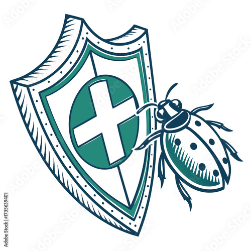 Ladybug insect approaching a protective shield with a white cross symbol on a green circle