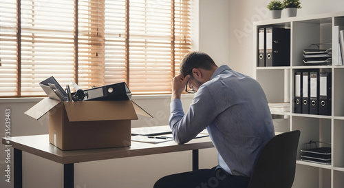 Emotional office worker reflects on resignation or job loss, packing belongings into a cardboard box.