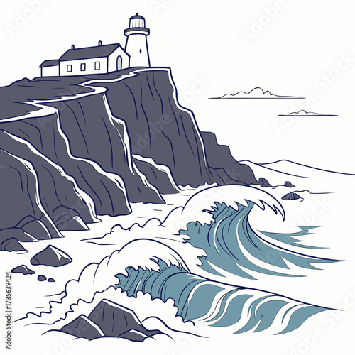 Lighthouse perched on a rugged cliff overlooking crashing ocean waves and rocky shoreline