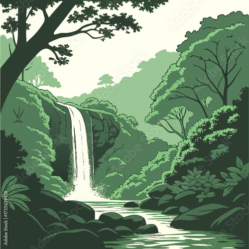 Lush green jungle waterfall cascading into a serene river surrounded by dense foliage and trees