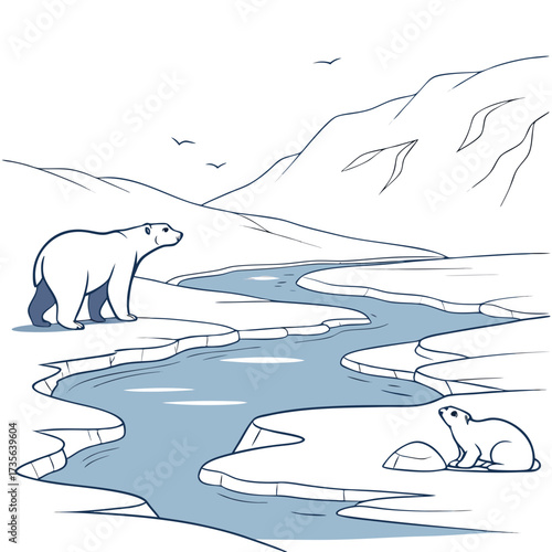 Polar bears in a minimalist arctic landscape with flowing water and ice floes under a clear sky