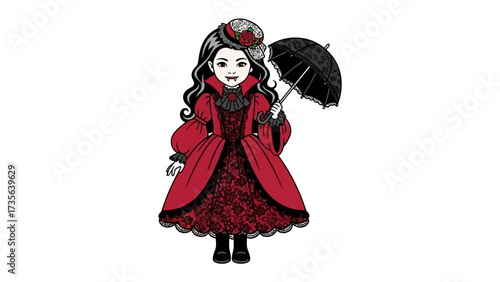 Elegance of a Vampire: In a captivating illustration, a stunning vampire, robed in crimson, stands poised with a black parasol, their enigmatic allure revealed.