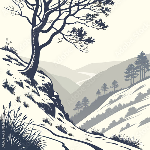 Stylized illustration of a bare tree on a snowy hillside overlooking a winding river valley