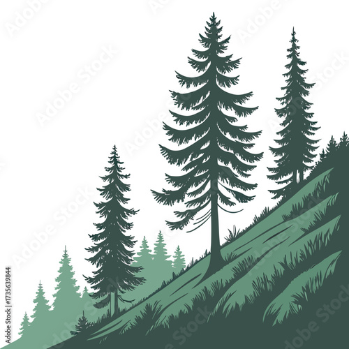 Stylized evergreen trees silhouetted against a white background on a grassy hillside