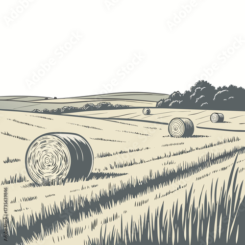 Stylized illustration of a rural landscape with rolling hills and harvested hay bales in a field