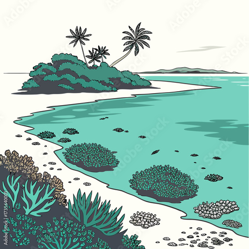 Tropical island coastline with palm trees lush vegetation and vibrant coral reefs in clear turquoise water