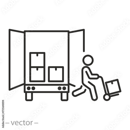 moving service icon, forklift unloading boxes from truck, delivery worker, thin line symbol on white background - editable stroke vector illustration eps10