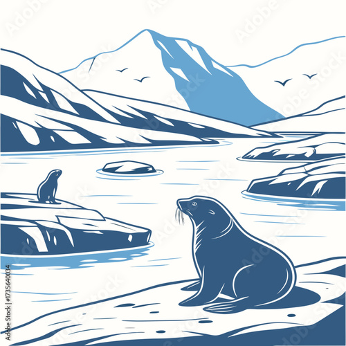 Two seals resting on rocky shores with calm water and distant snow capped mountains under a clear sky