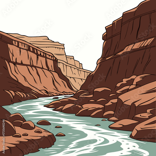 Stylized illustration of a majestic river flowing through a vast canyon with layered rock formations