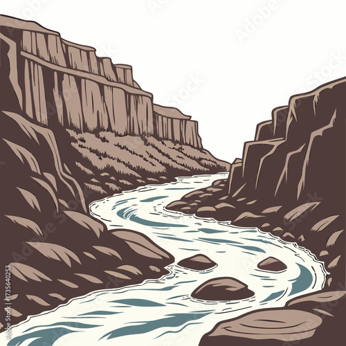Stylized illustration of a winding river flowing through a majestic canyon with layered rock formations