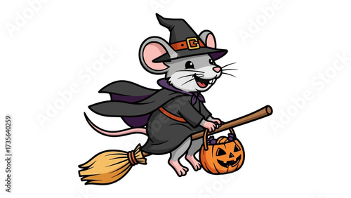 Whimsical Witch Mouse's Halloween Ride: A charming mouse dressed as a witch, complete with a pointy hat and broom, playfully flies with a jack-o'-lantern, capturing the essence of Halloween spirit.