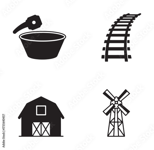Black and white farm or countryside icons representing rural lifestyle elements.