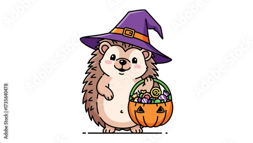 Cute Halloween Hedgehog: A charming and adorable hedgehog dons a witch hat and carries a pumpkin-shaped basket overflowing with treats, ready for a night of spooky fun. 
