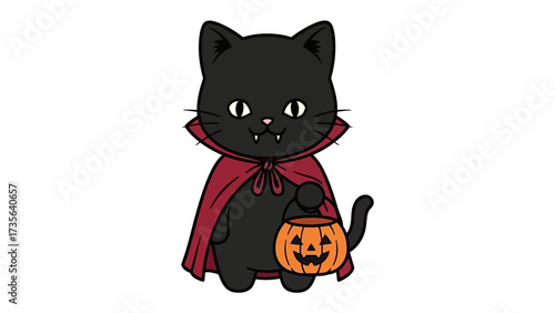 Halloween cat in a costume: A charming cartoon black cat dressed up in a spooky Dracula costume, holding a jack-o'-lantern, embodying the fun of Halloween.