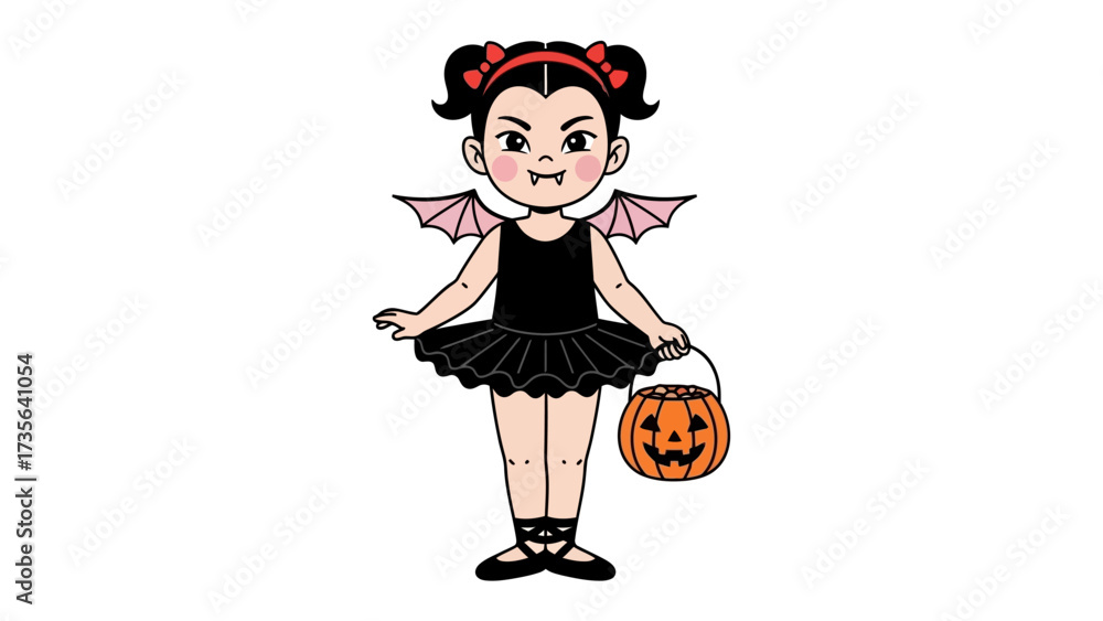 Fototapeta premium Halloween Little Vampire: A cute little girl dressed as a vampire. She is holding a pumpkin bucket with both a cute and scary emotion, standing, wearing bat wings and black dress.