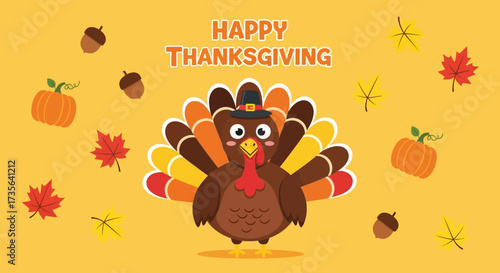 Festive thanksgiving cartoon illustration with a cheerful turkey character and autumnal elements