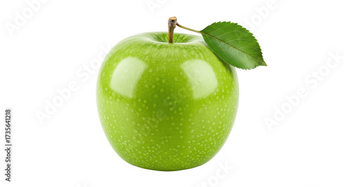 Fresh Granny Smith apple isolated on transparent background, green fruit with stem and leaf for healthy eating and cooking